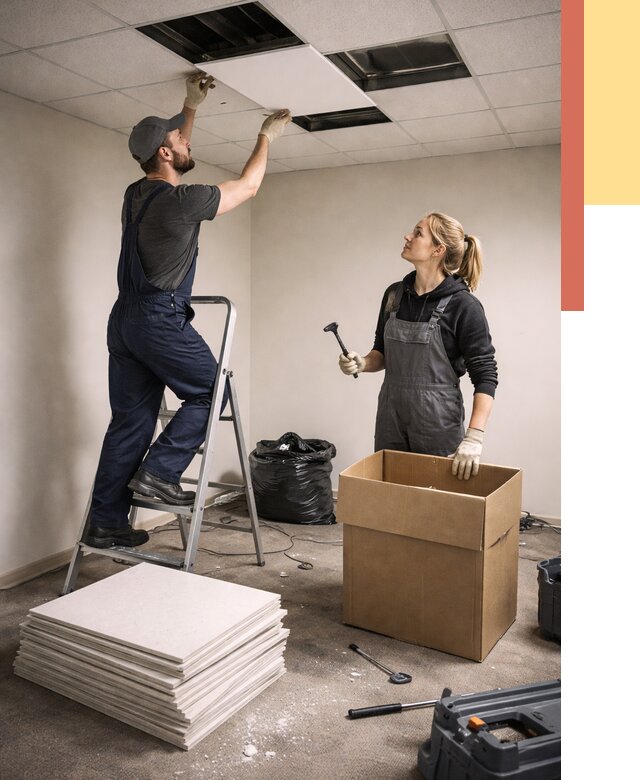 Демонтаж потолочной плитки в Вольске от 4557 руб. быстро и недорого | ОТДЕЛОЧНИК-Вль