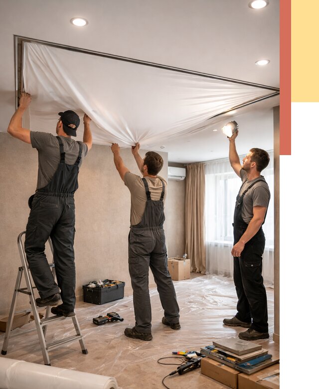 Монтаж ПВХ натяжного потолка в Вольске от 3544 руб. под ключ | ОТДЕЛОЧНИК-Вль