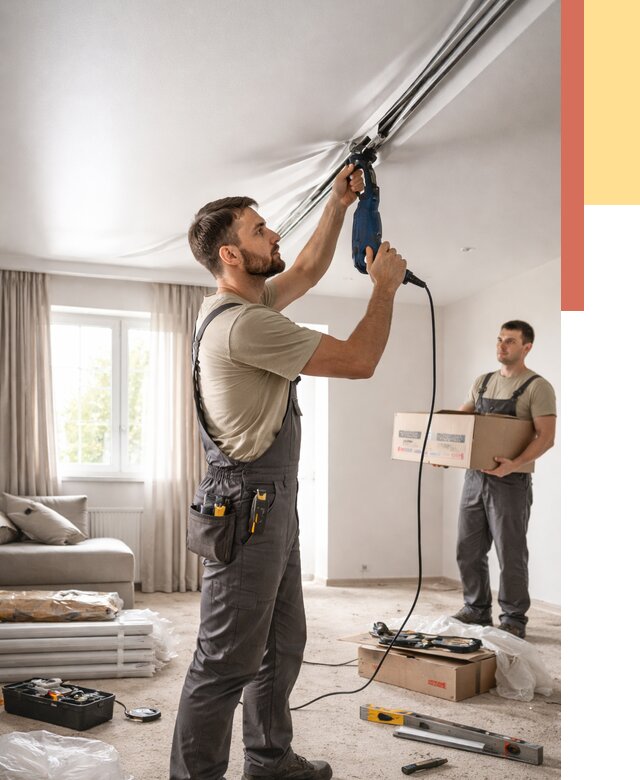 Монтаж сатинового натяжного потолка в Вольске от 3544 руб. | Быстро, недорого — ОТДЕЛОЧНИК-Вль