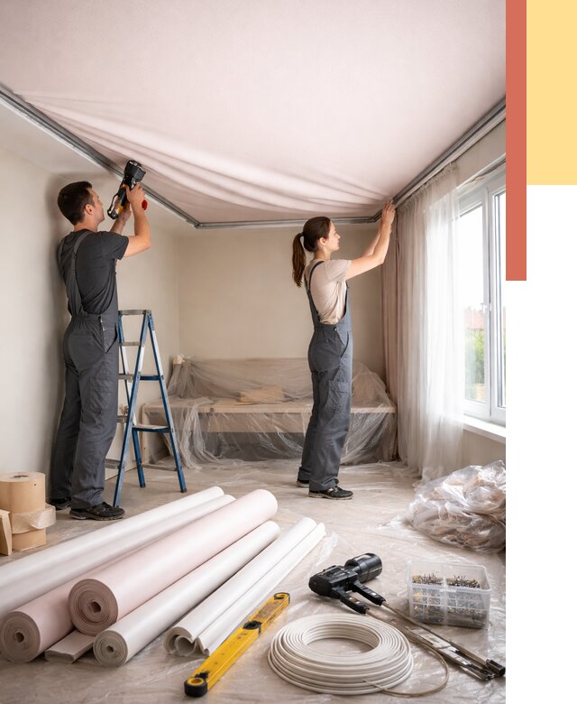 Монтаж цветного натяжного потолка в Вольске от 4253 руб/м² — быстро и недорого | ОТДЕЛОЧНИК-Вль