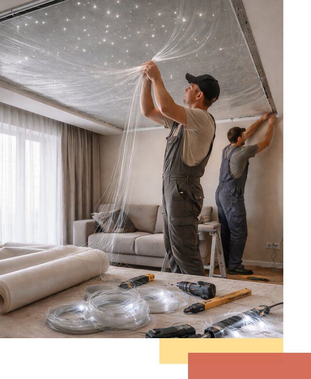 Монтаж натяжного потолка «Звездное небо» в Вольске