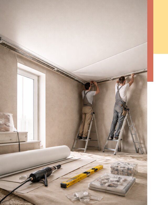 Монтаж натяжного потолка в спальне в Вольске от 3848 руб. под ключ | ОТДЕЛОЧНИК-Вль