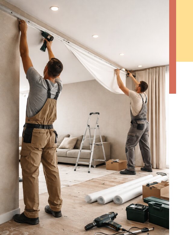 Монтаж натяжного потолка в гостиной в Вольске от 557 руб. | ОТДЕЛОЧНИК-Вль