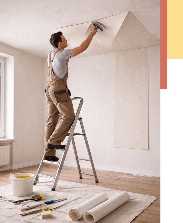 Поклейка обоев на потолок в Вольске от 4557 руб. быстро и недорого | ОТДЕЛОЧНИК-Вль